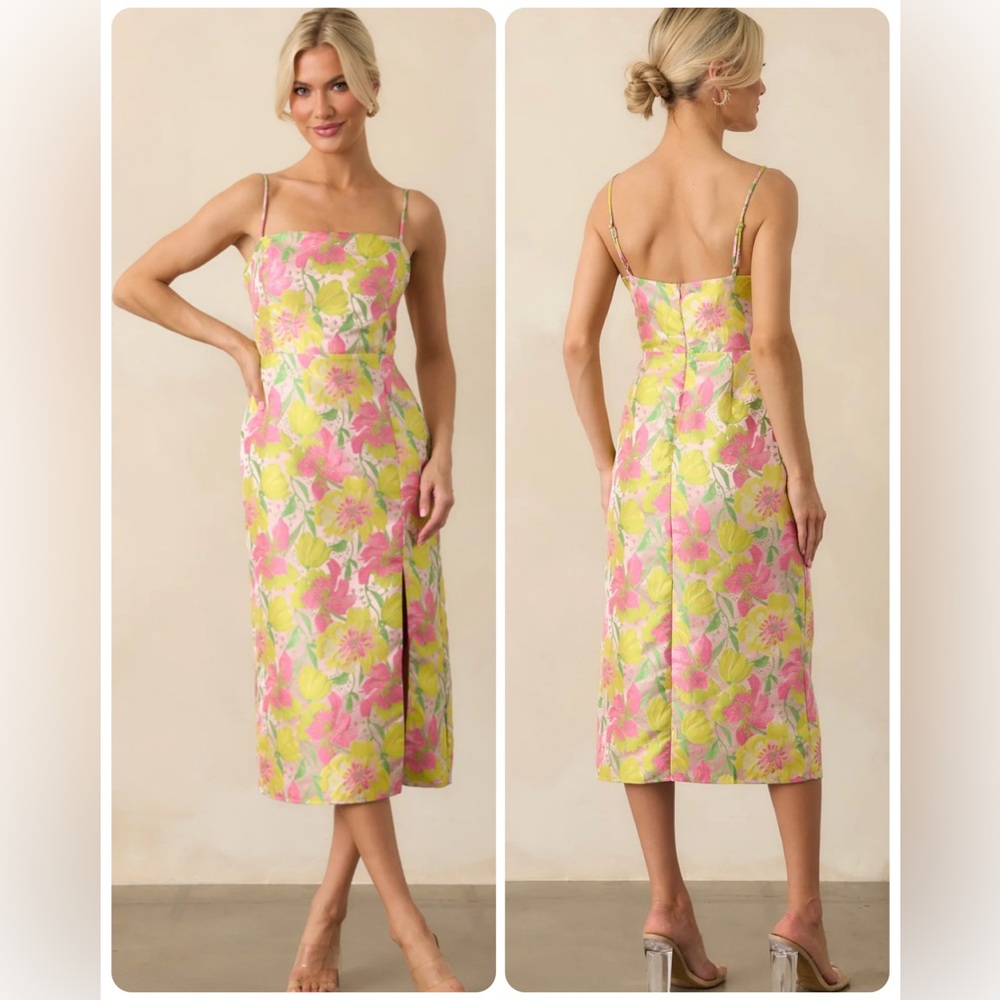 Floral Midi Dress in Pink and Yellow